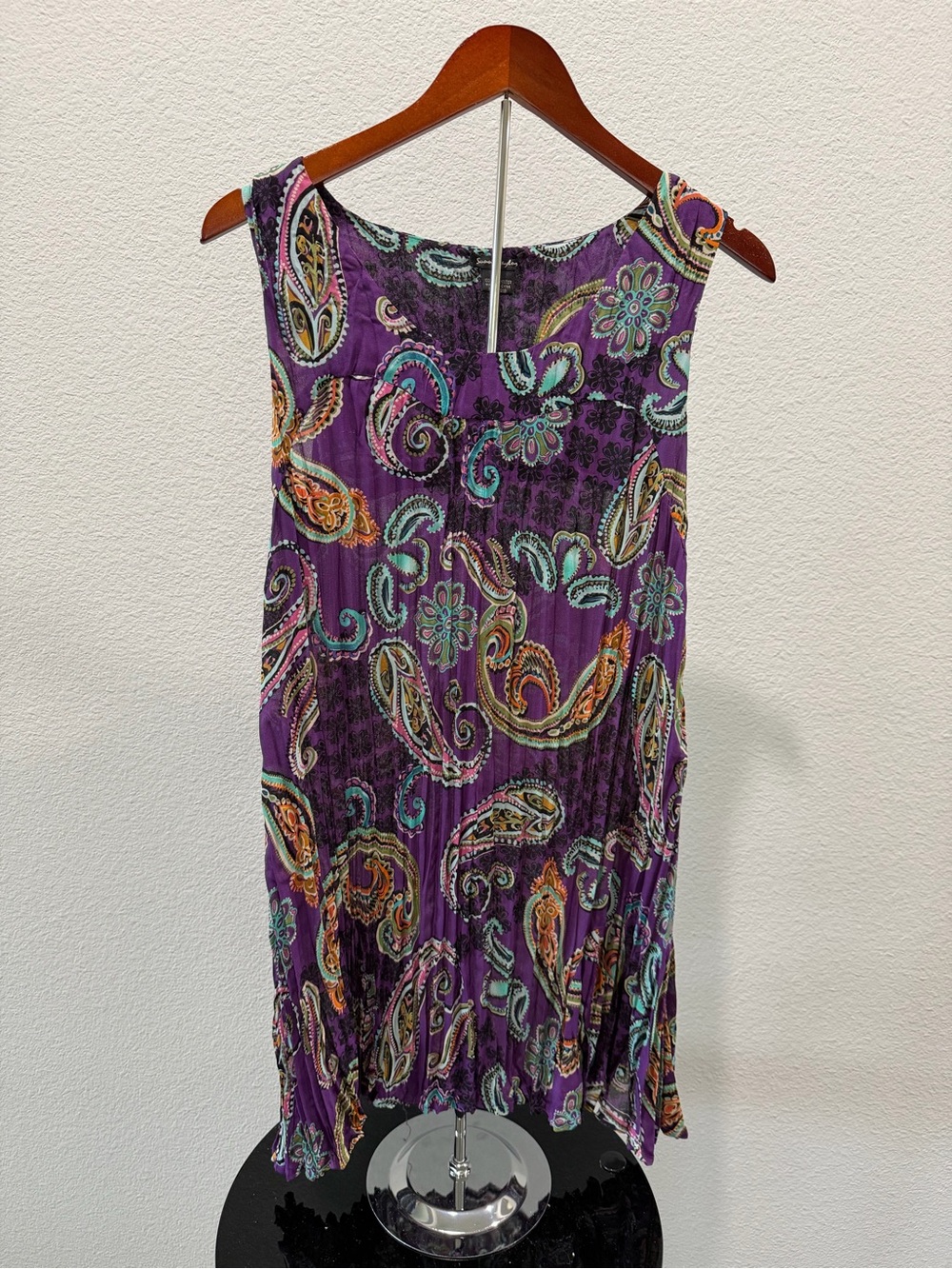 Sunny Taylor Purple Paisley Crinkle Pleated Sleeveless Tunic Top L